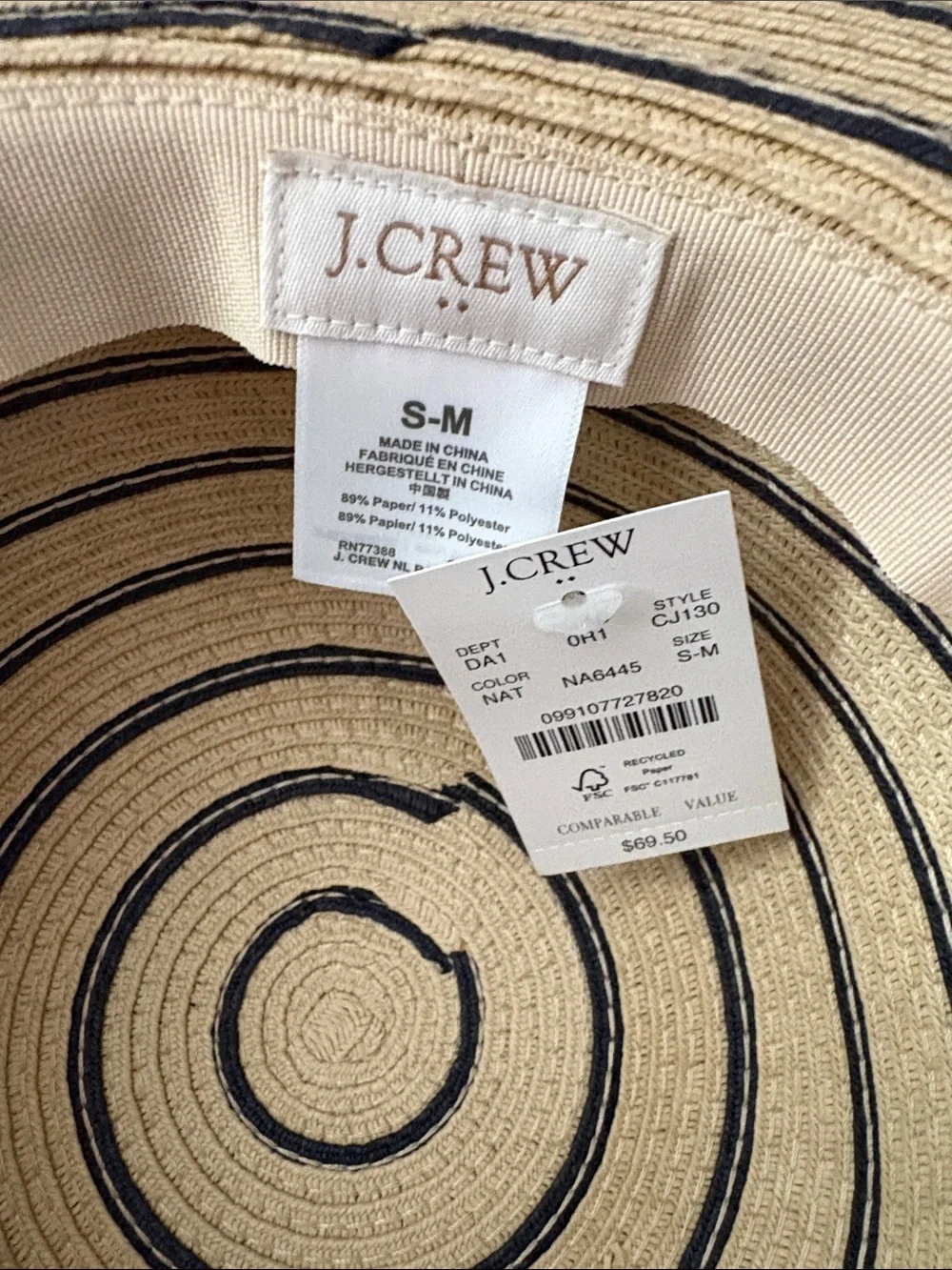 J. Crew Wide-Brim Straw Sun Hat - Beige with Navy Stripes
